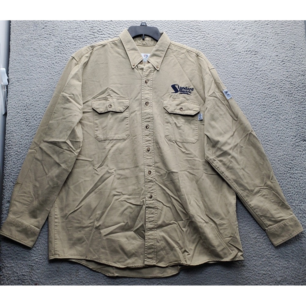 Tyndale Flame Resistant Shirt Men 2XL Brown Long Sleeve Flap Pockets Button Down